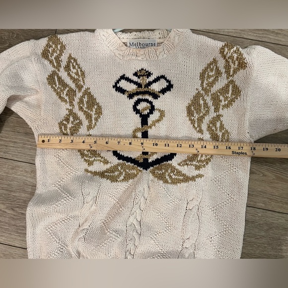 Melbourne HAND KNIT Medium Cozy Cream and Gold Nautical Crew Neck Sweater - Picture 9 of 10